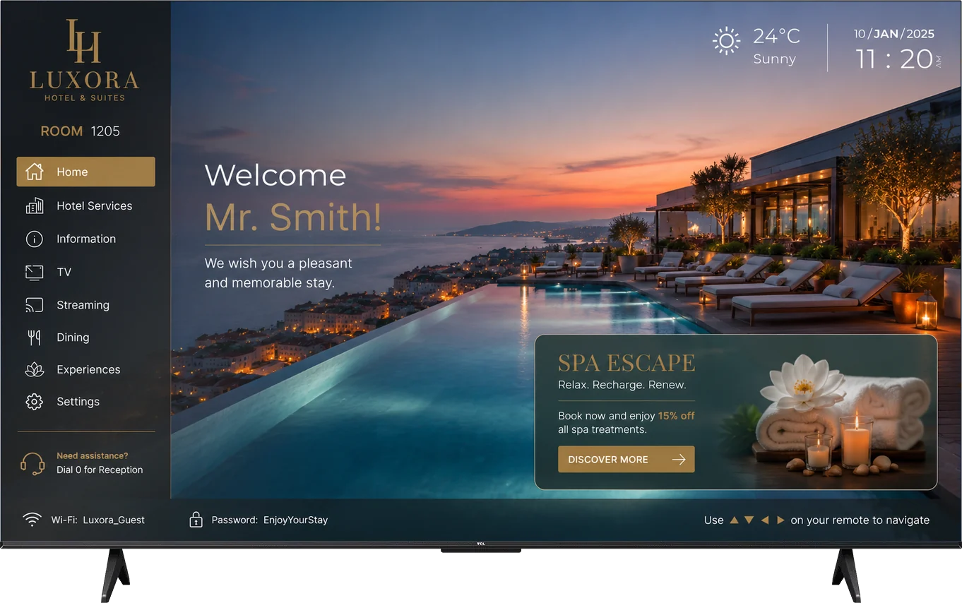 تلفزيون TCL بنظام Google TV يعرض شاشة ترحيب Smartell — مثال على الواجهة